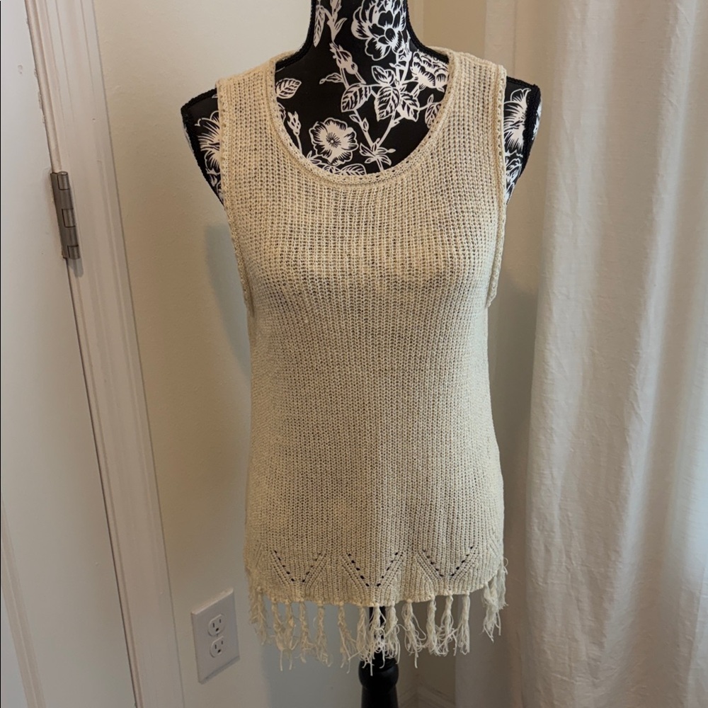 Pepin Beige Stretchy Knit Tank with Fringe